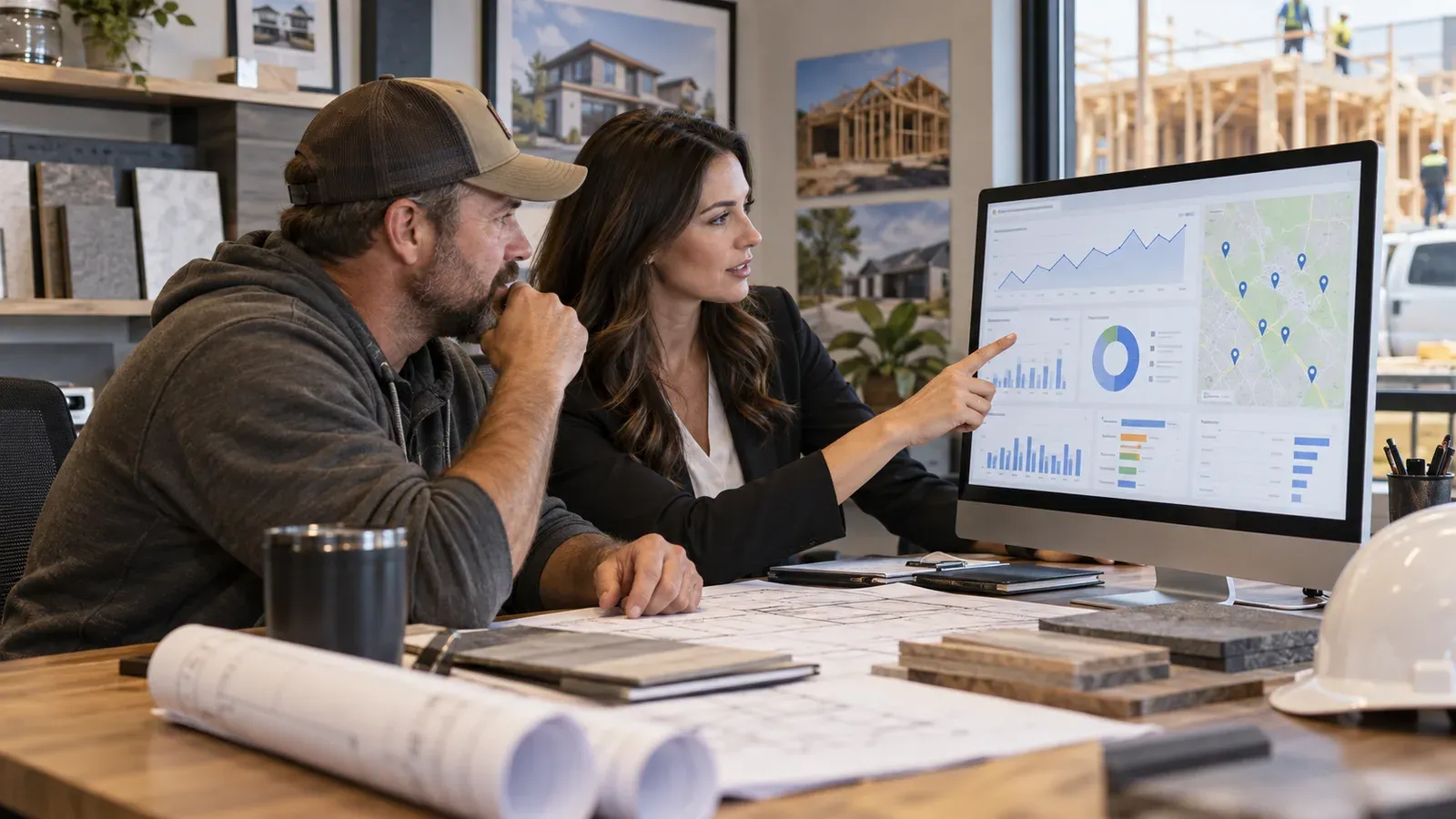 contractor reviewing a construction PPC campaign with an advertising specialist