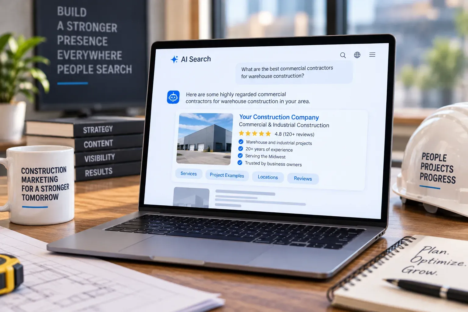 AI search results displaying a construction company’s services, project experience, locations, and customer reviews.