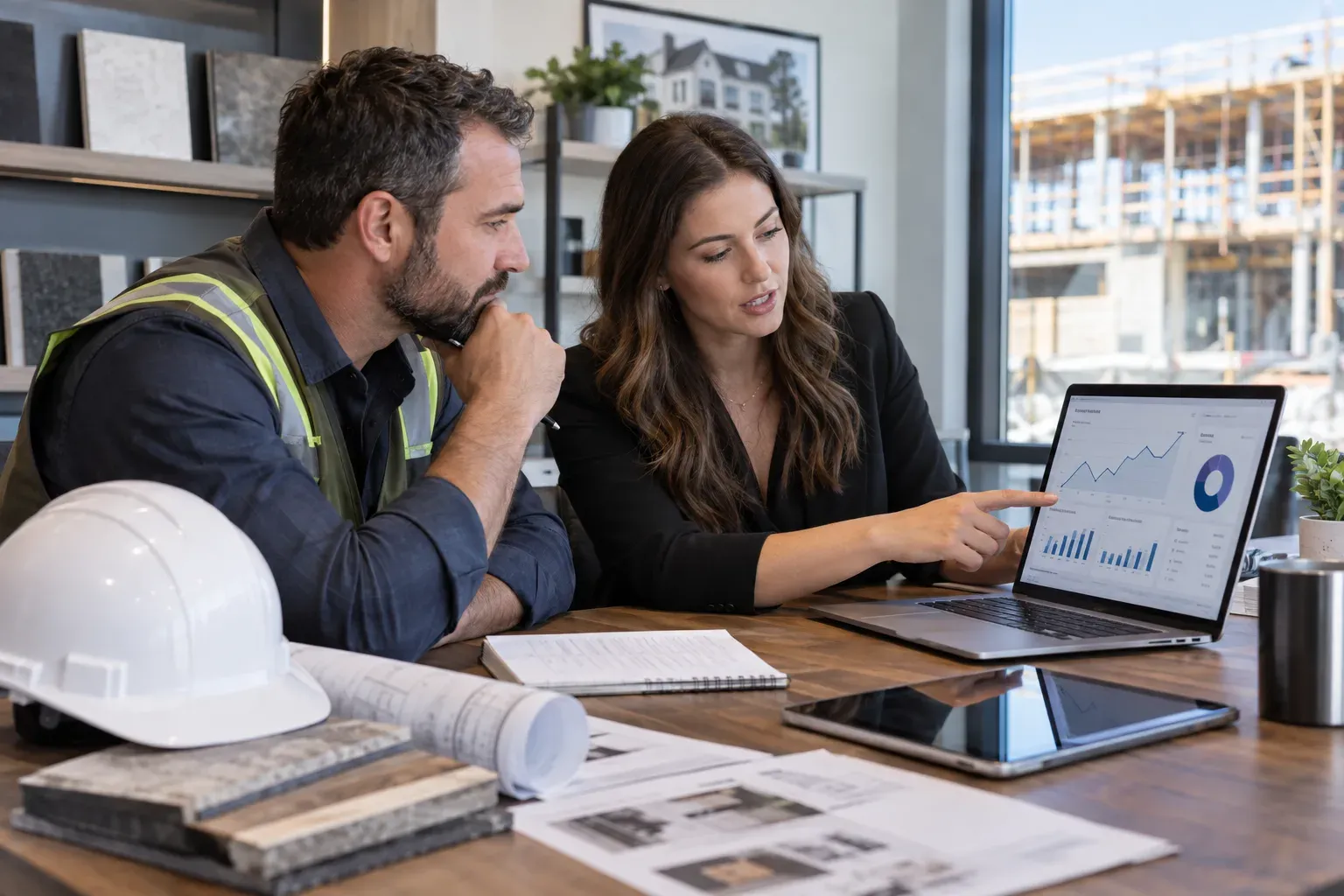 Contractor and marketing specialist reviewing performance of construction marketing