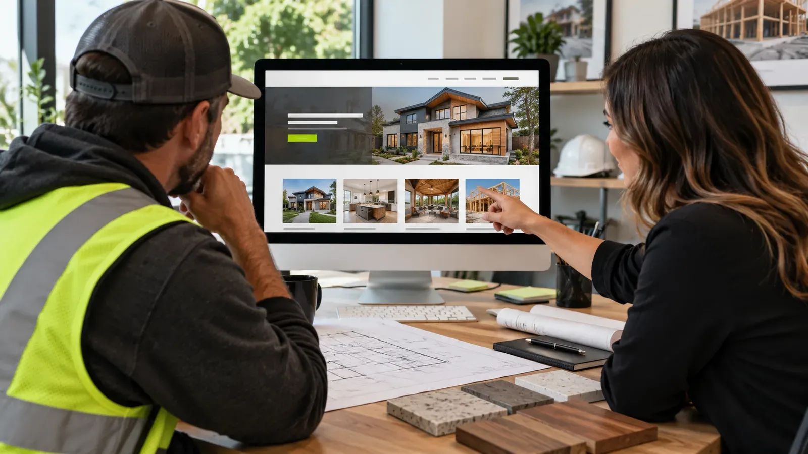 Contractor and web designer reviewing a construction website on a desktop monitor