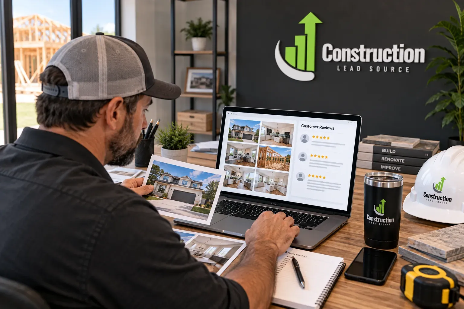 Contractor organizing project proof and verified customer reviews.