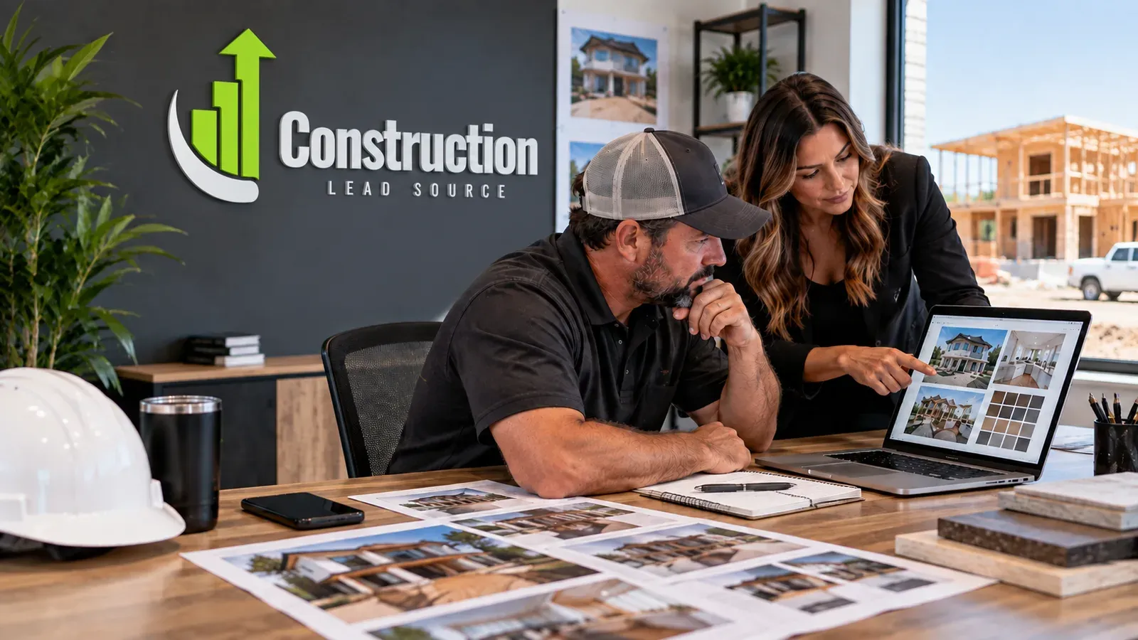 Construction company owner reviewing branding concepts.