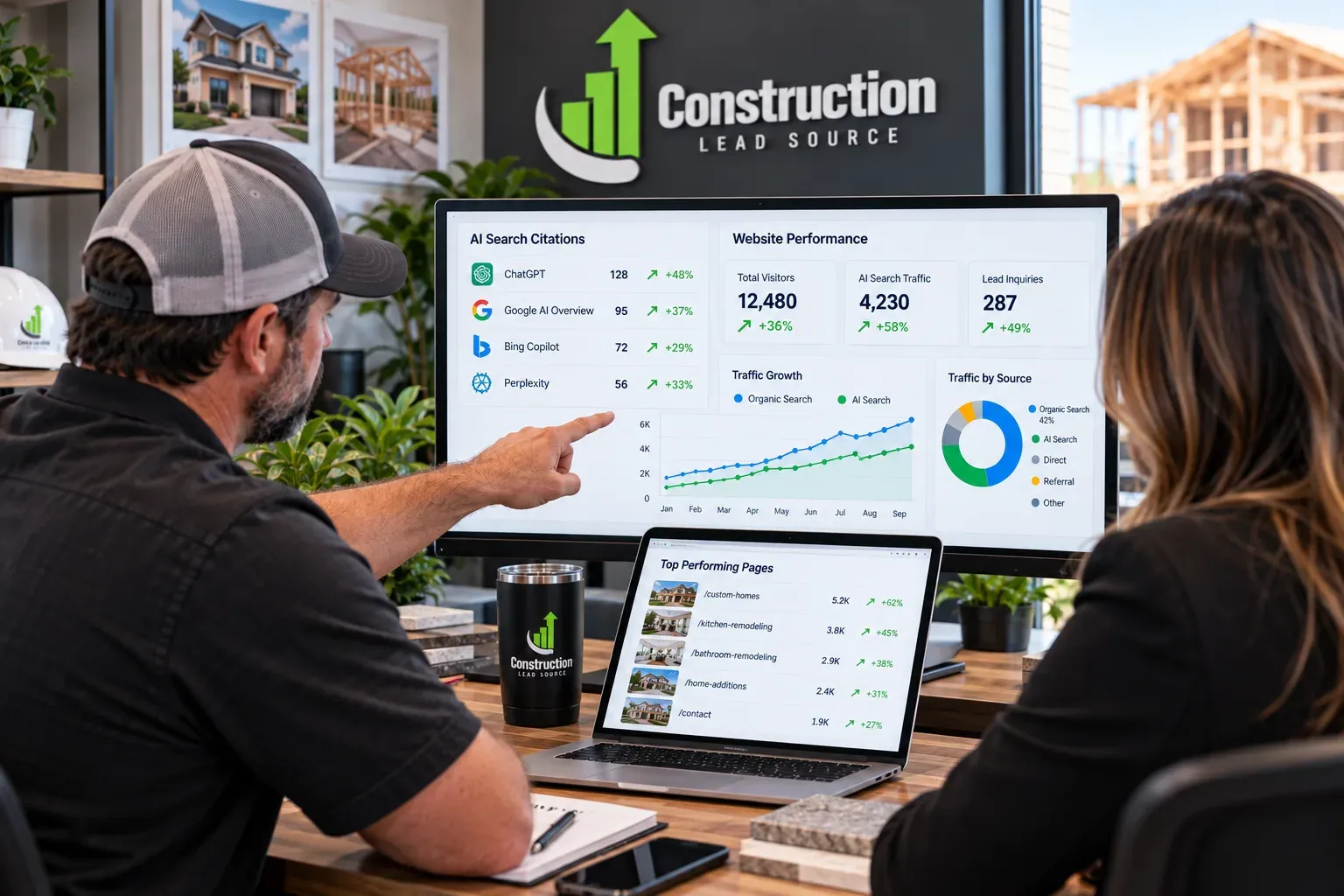 AI search citation and website performance reports for a construction company.
