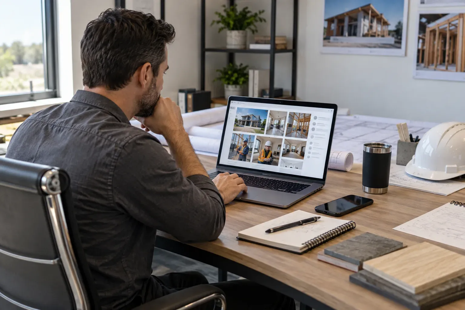 Contractor reviewing completed project content for social media
