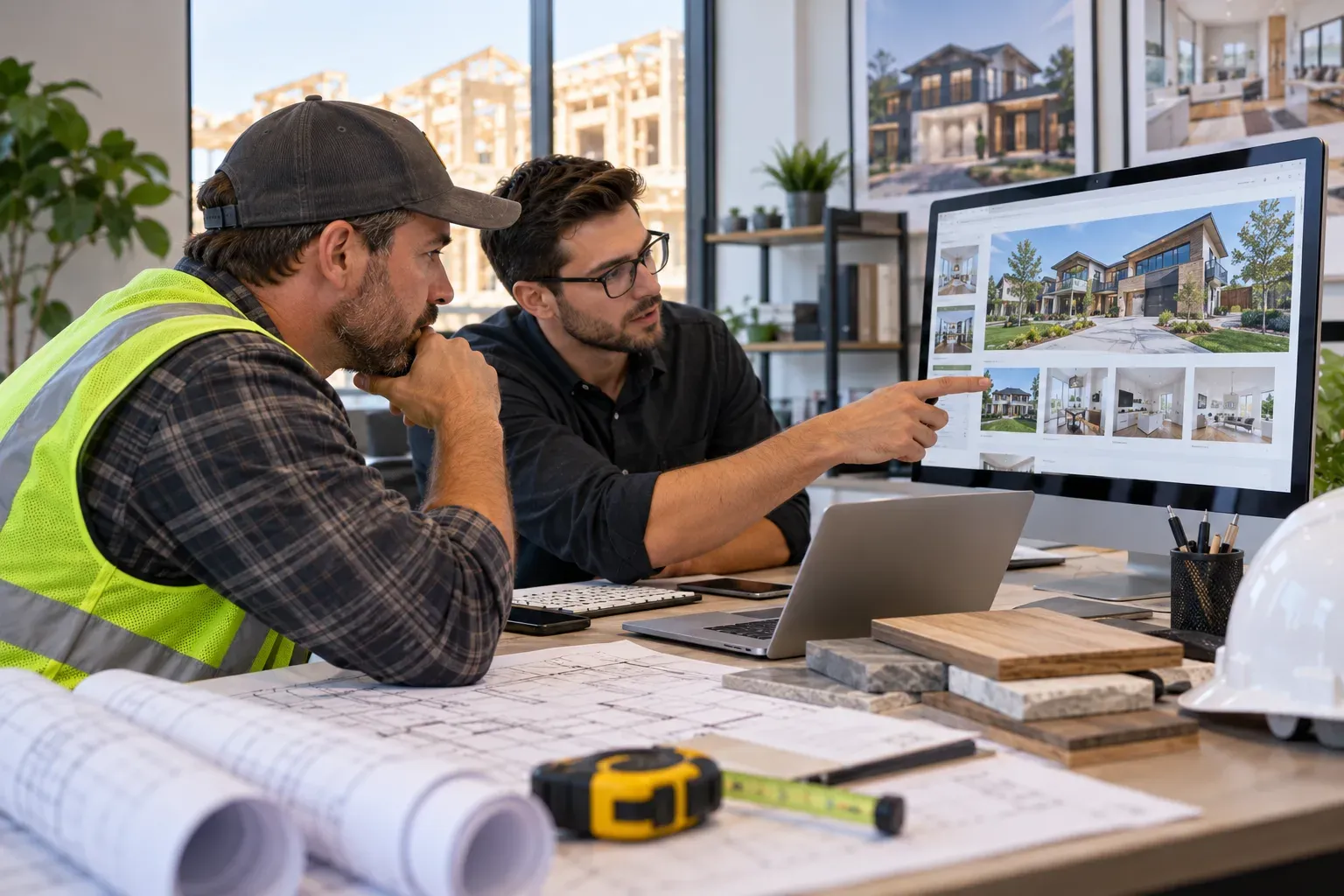 Contractor and designer discussing the website plan.