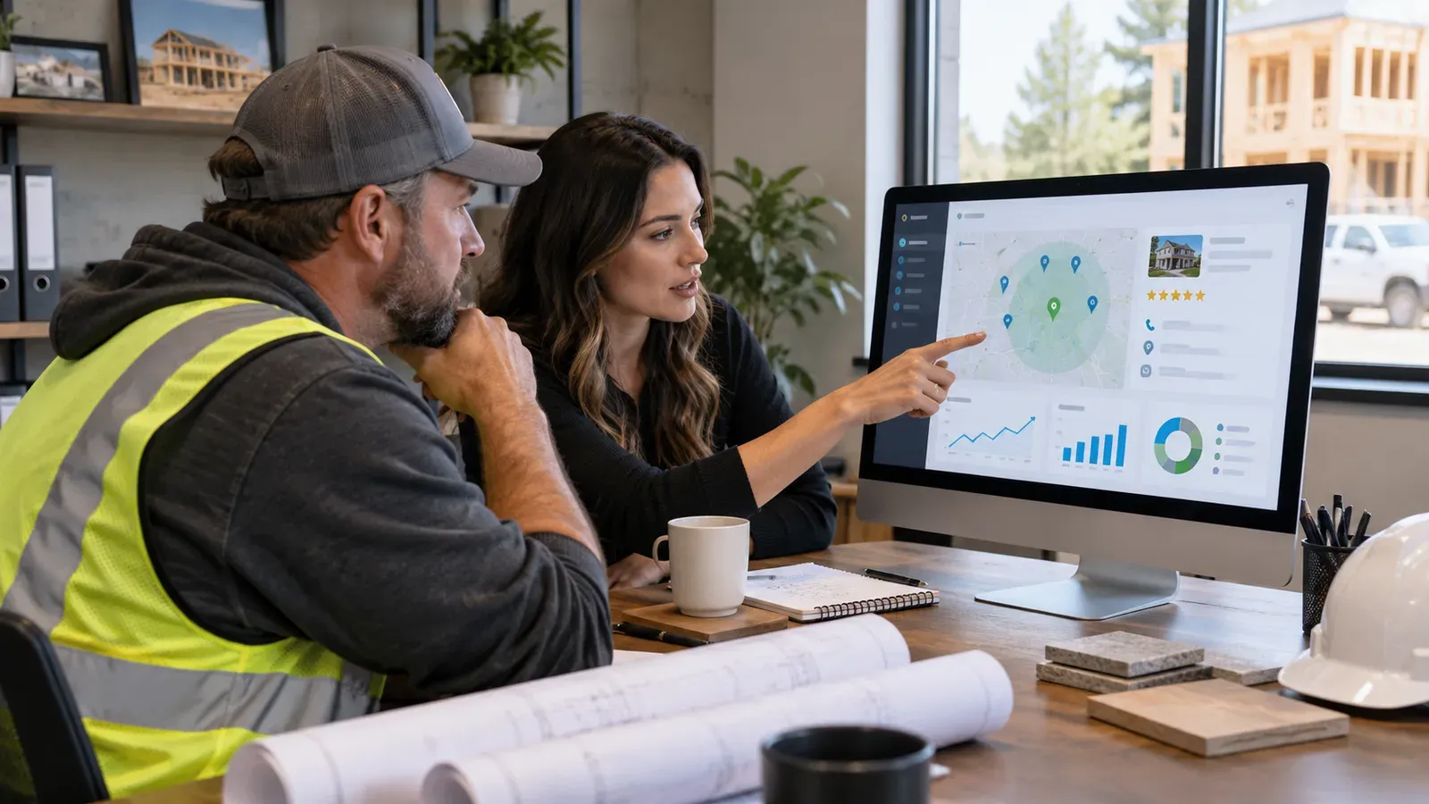 Construction business owner reviewing local project proof and customer feedback