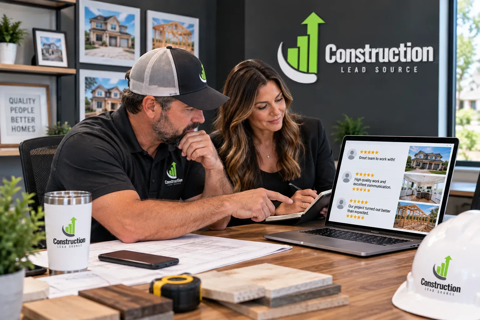 Construction company owner reviewing customer feedback with a strategist.