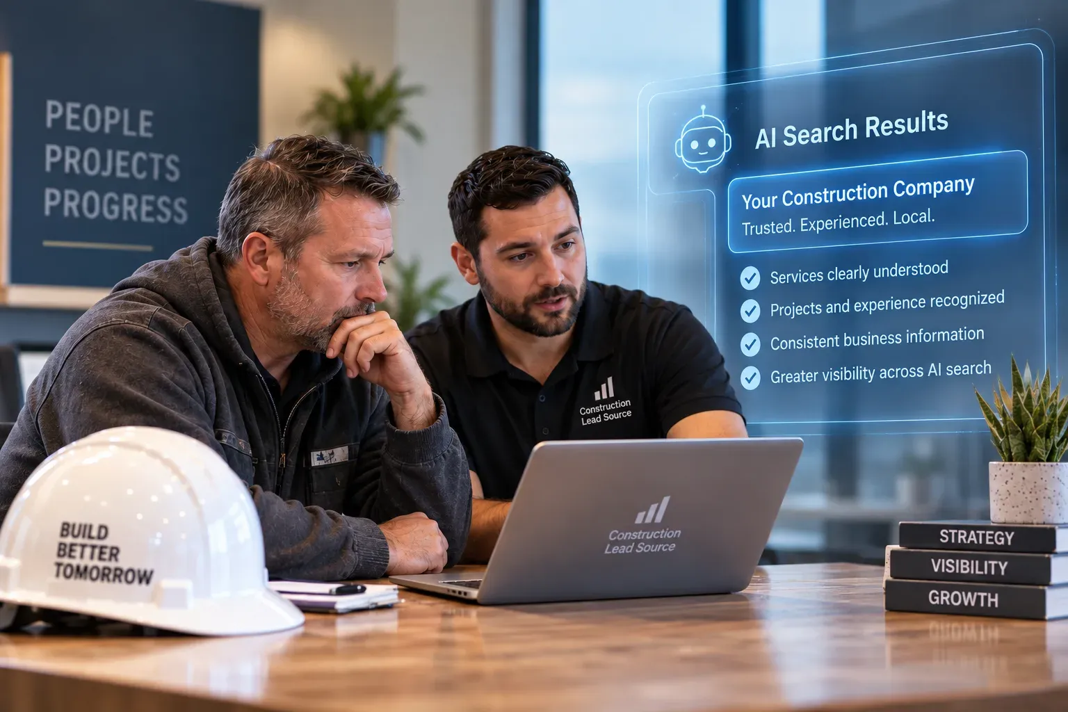 Construction company owner reviewing AI search visibility and website strategy with a construction marketing specialist.