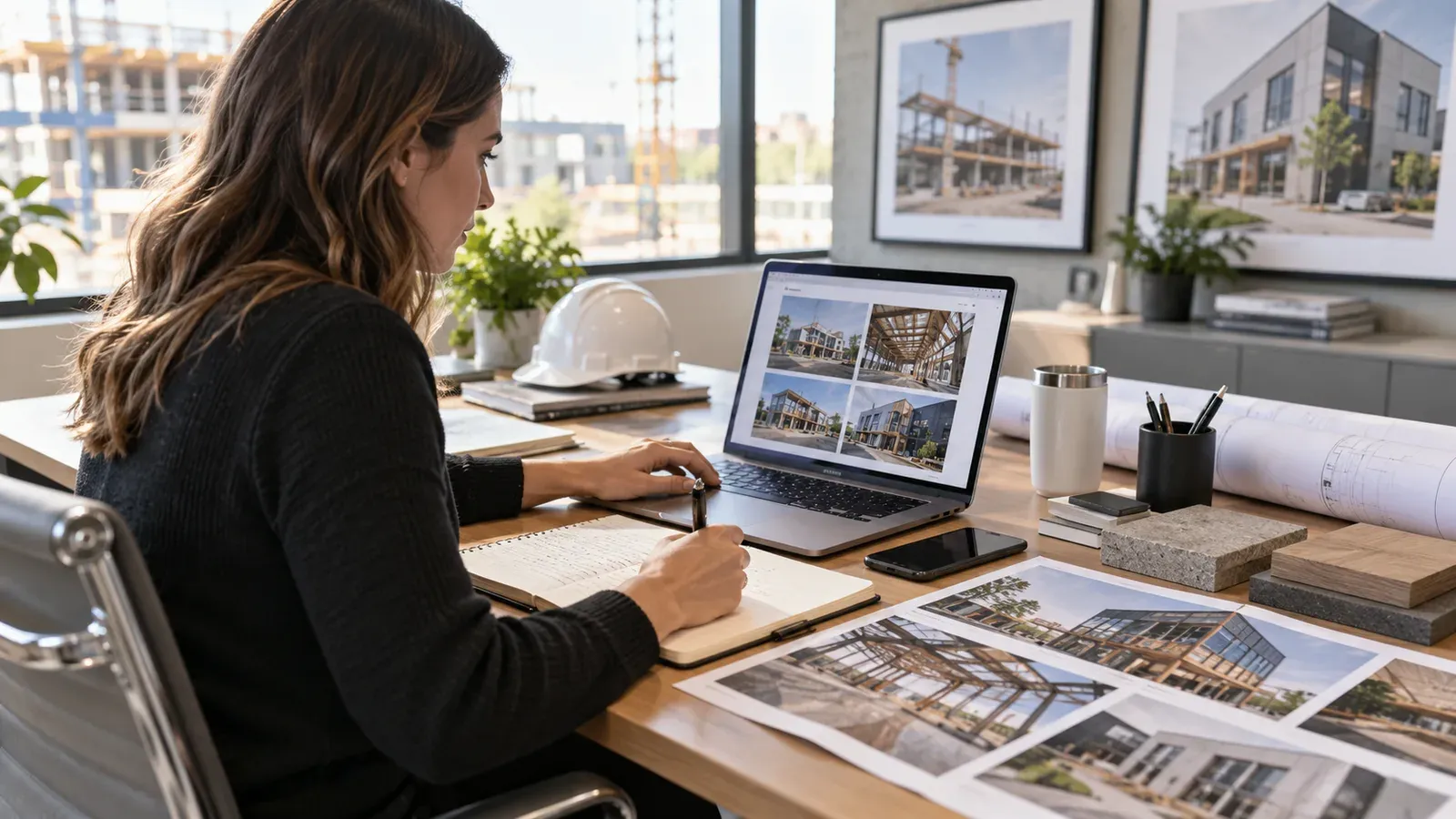 Construction contractor reviewing a content plan with a marketing strategist.