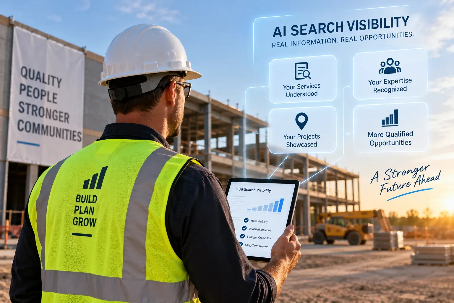 Construction professional reviewing AI search visibility data on a tablet at an active commercial construction site.